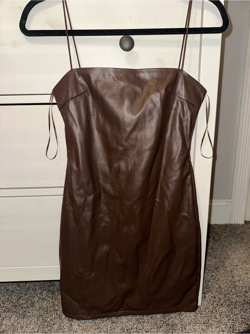 Brown Faux Leather Slip Dress - Women's Spaghetti Strap